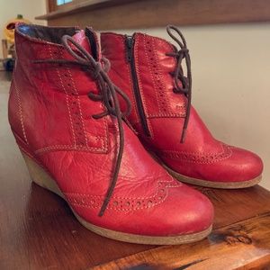 Red leather booties - size 7.5 lace up crepe wedge sole